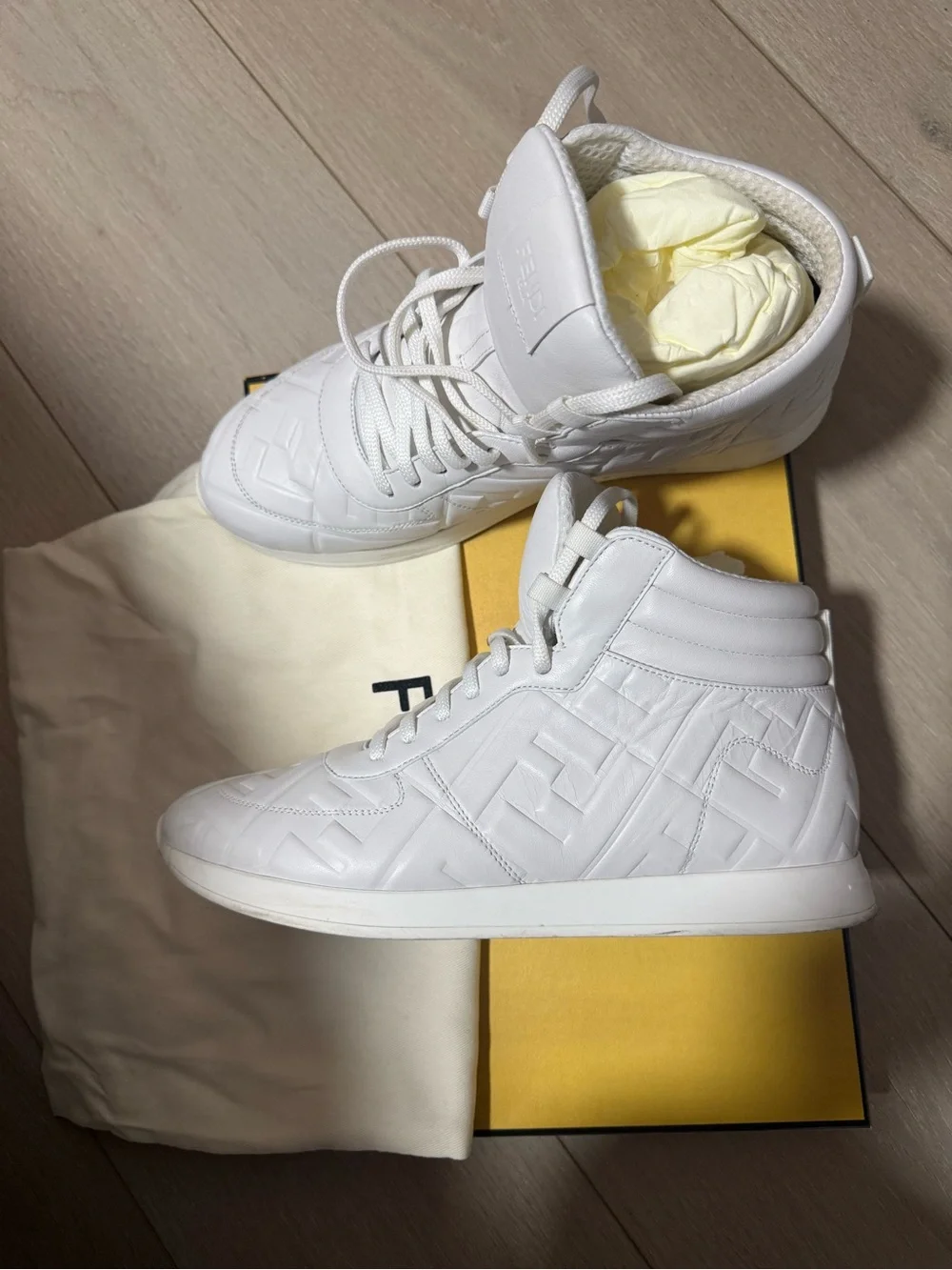 Fendi White Men’s High-Top Embossed Leather Sneakers